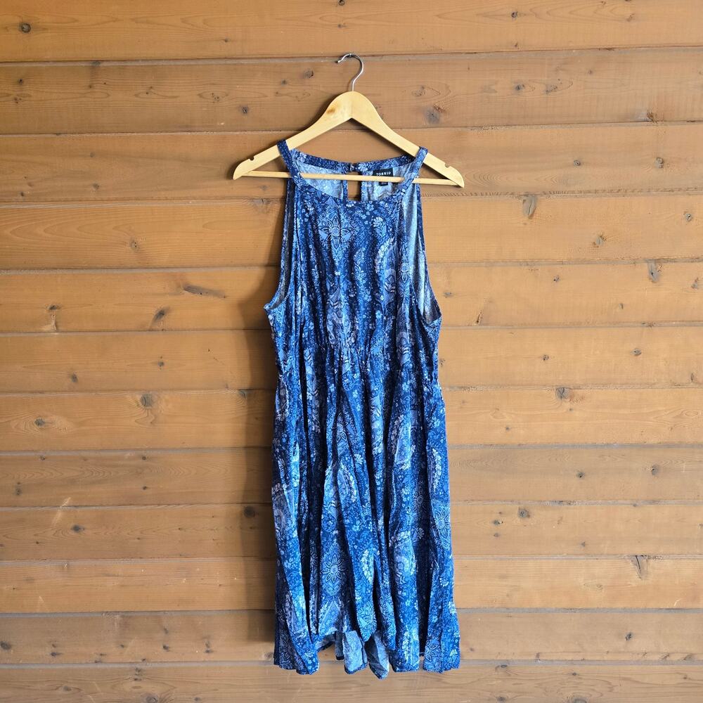 Torrid A-Line Mini Dress Blue Geo 2X Halter High Low Pocket Boho Summer Cottage
